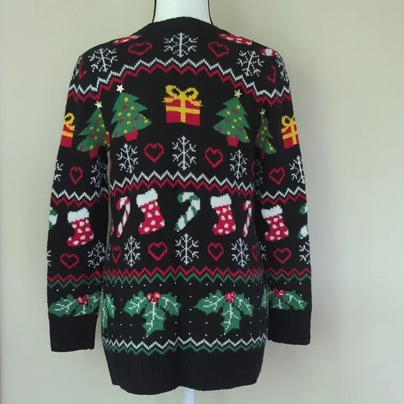 Absolutely Famous Button Up Acrylic Cardigan Christmas Sweater MEDIUM Black Red - Picture 12 of 16